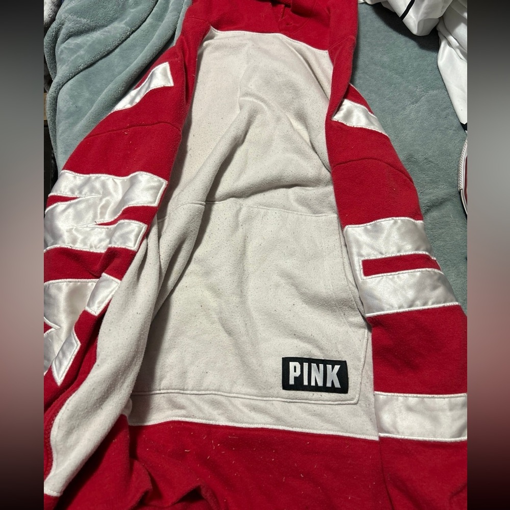 pink hoodie for women with pink in white letters on back